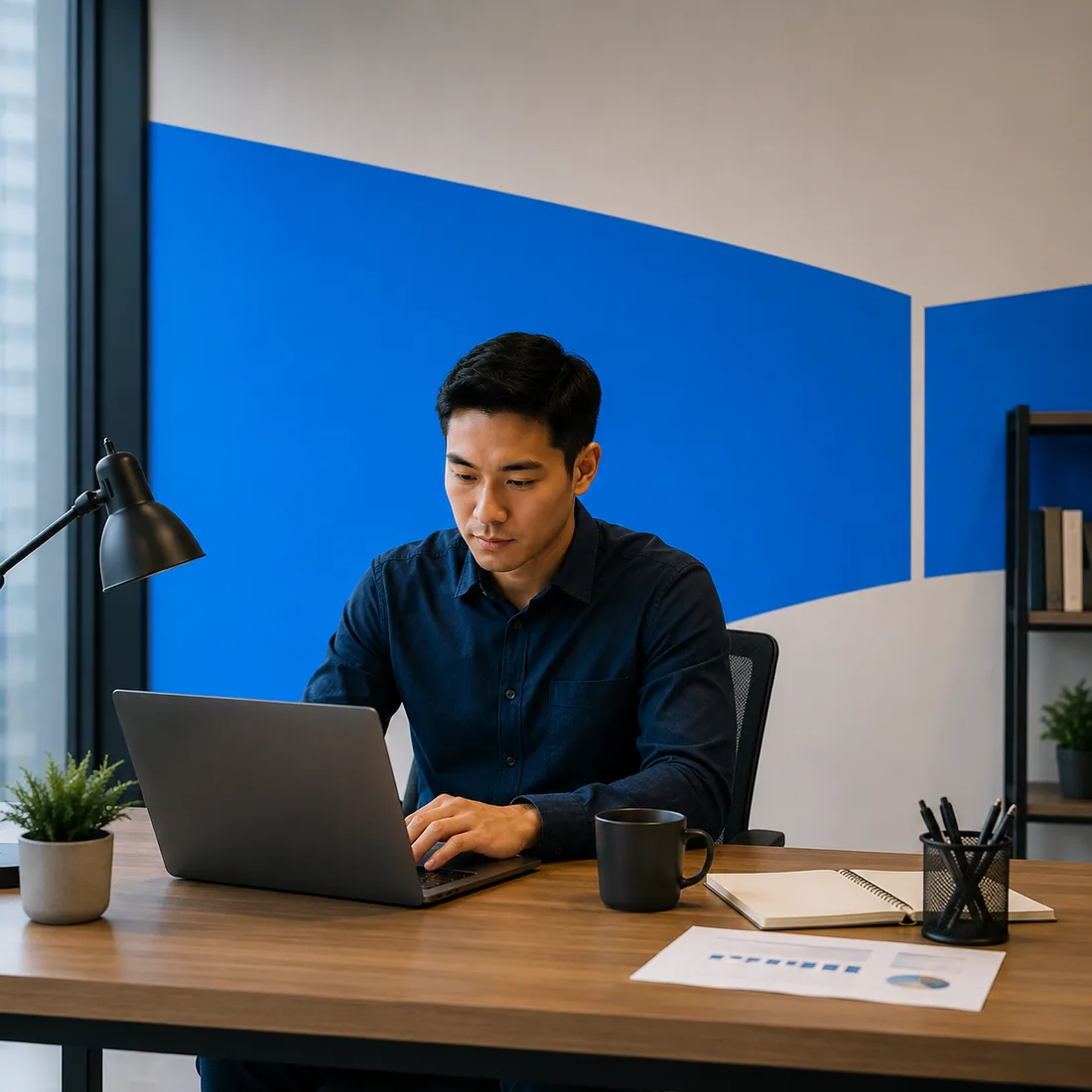 Compliance analyst at a desk reviewing data regulation documentation on a laptop in a modern office